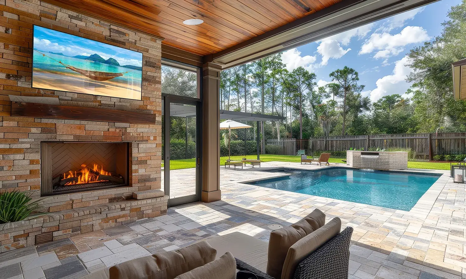 A covered patio with a television over a stone fireplace and the pool beyond