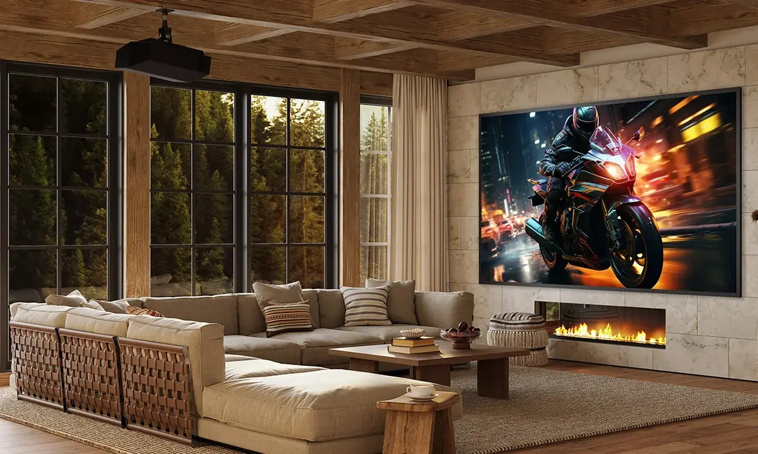 A timber-beamed great room with a large Sony television over a linear fireplace and a Bravia projector on the ceiling