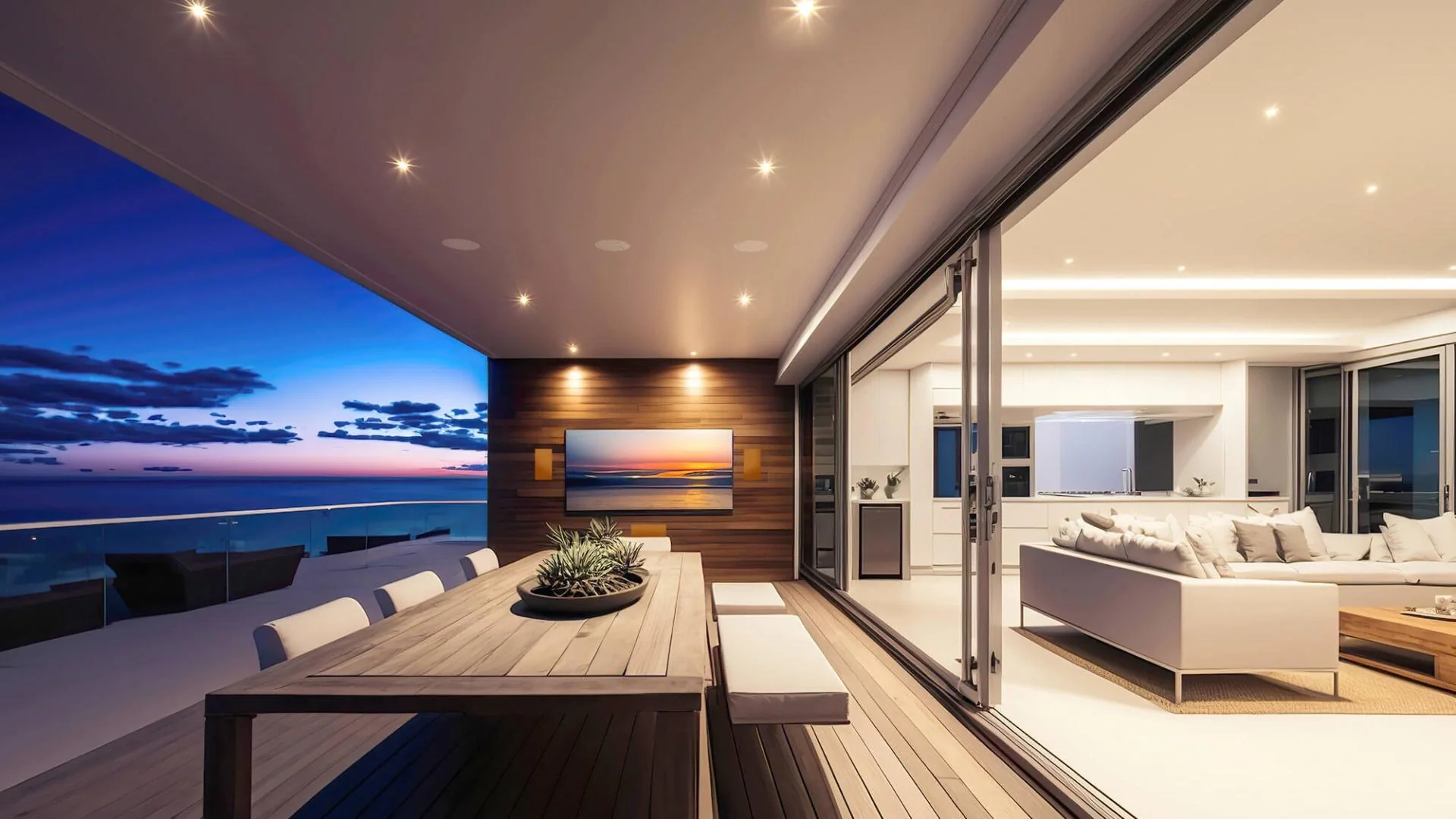 A luxury home at dusk controlled by ELAN
