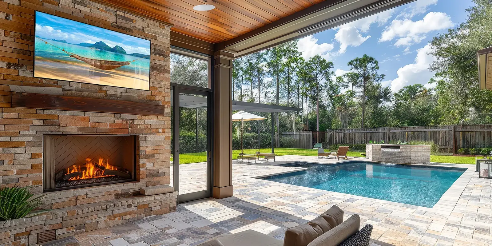 A covered patio with a television over a stone fireplace, the pool and lawn beyond
