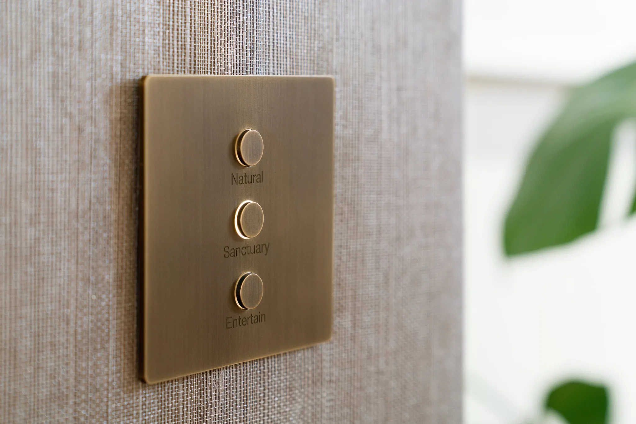 A Lutron Alisse keypad in brushed brass, engraved scene names lit from the side