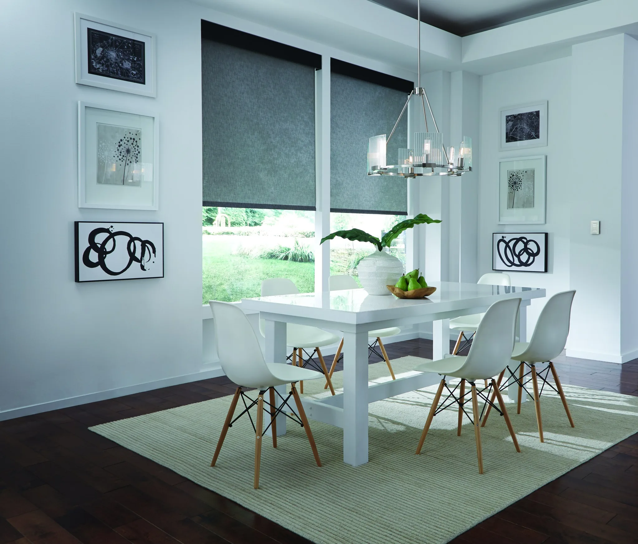 Triathlon — Triathlon shades in Atelier fabric lowered across a dining room window wall